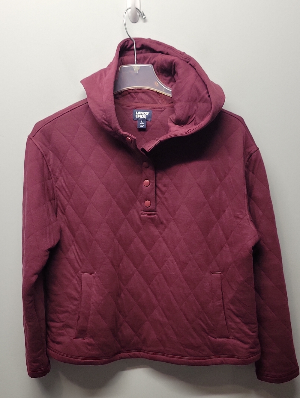 Lands' End quilted snap neck burgundy red sweatshirt size Large 12-14